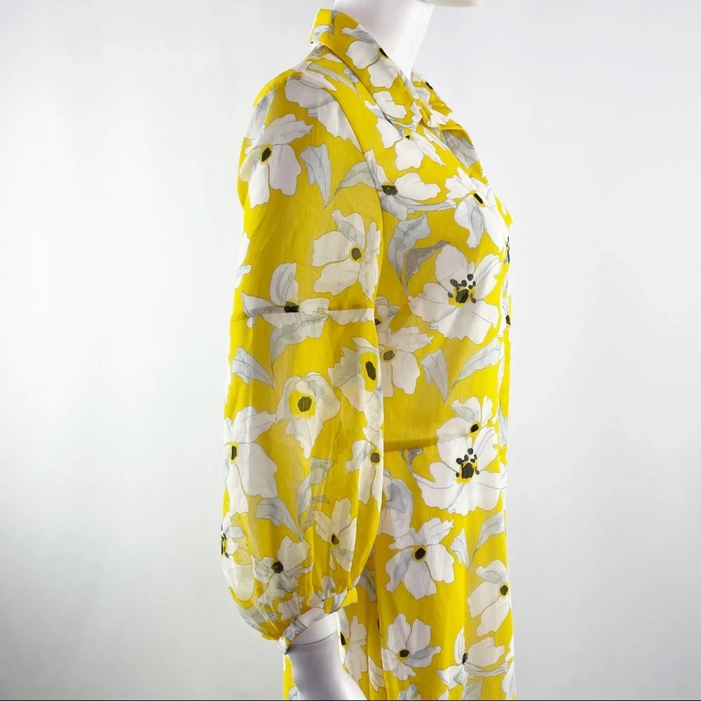 Banana Republic Size 8 Yellow Floral Long Sleeve Hi-Lo Ruffle Maxi Dress - Picture 5 of 10